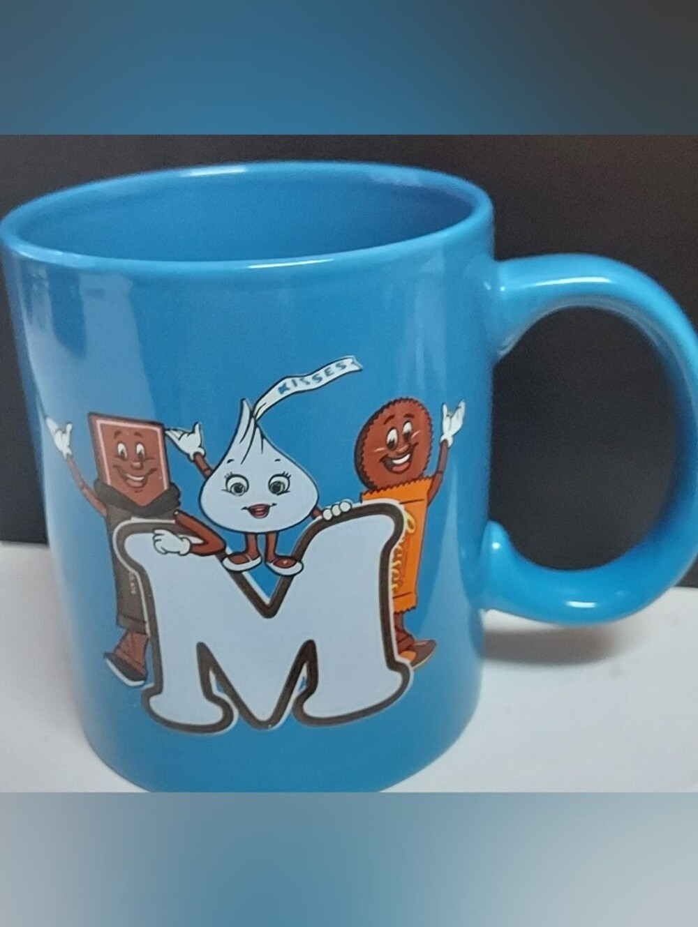Hersheys Chocolate World Blue Coffee Cup Mug Candy Kisses Reeses M Initial